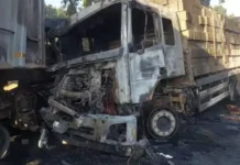 दर्दनाक हादसा: दो ट्रकों की भयानक भिड़ंत लगी आग एक व्यक्ति की जिंदा जलकर मौत