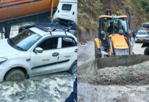 रुद्रप्रयाग में बारिश से मार्ग बाधित, सिरोहबगड़ के पास दलदल में फंसे वाहन; कड़ी मशक्कत के बाद निकाले