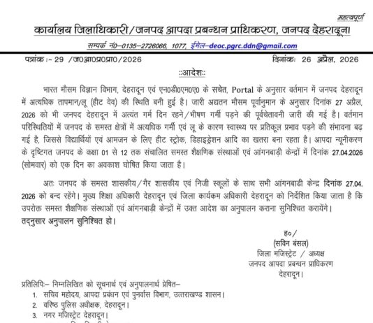 देहरादून में भीषण गर्मी का अलर्ट: डीएम के आदेश पर कल सभी स्कूल बंद, अस्पतालों को सतर्क रहने के निर्देश